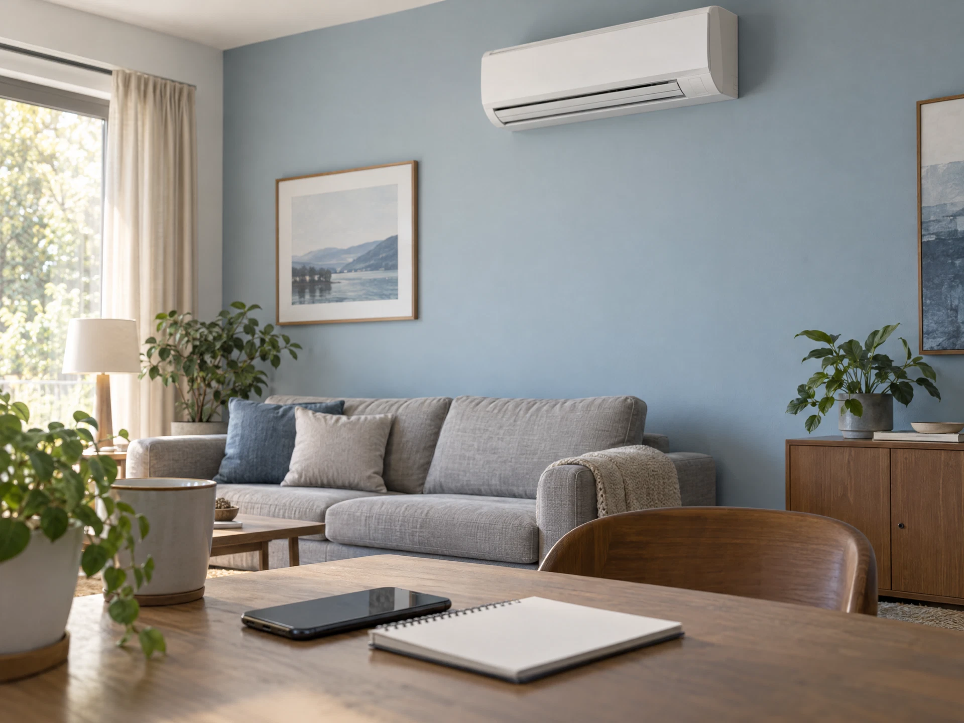 Imagem ilustrativa gerada por IA de um ambiente residencial com unidade de ar-condicionado, sem pessoas.