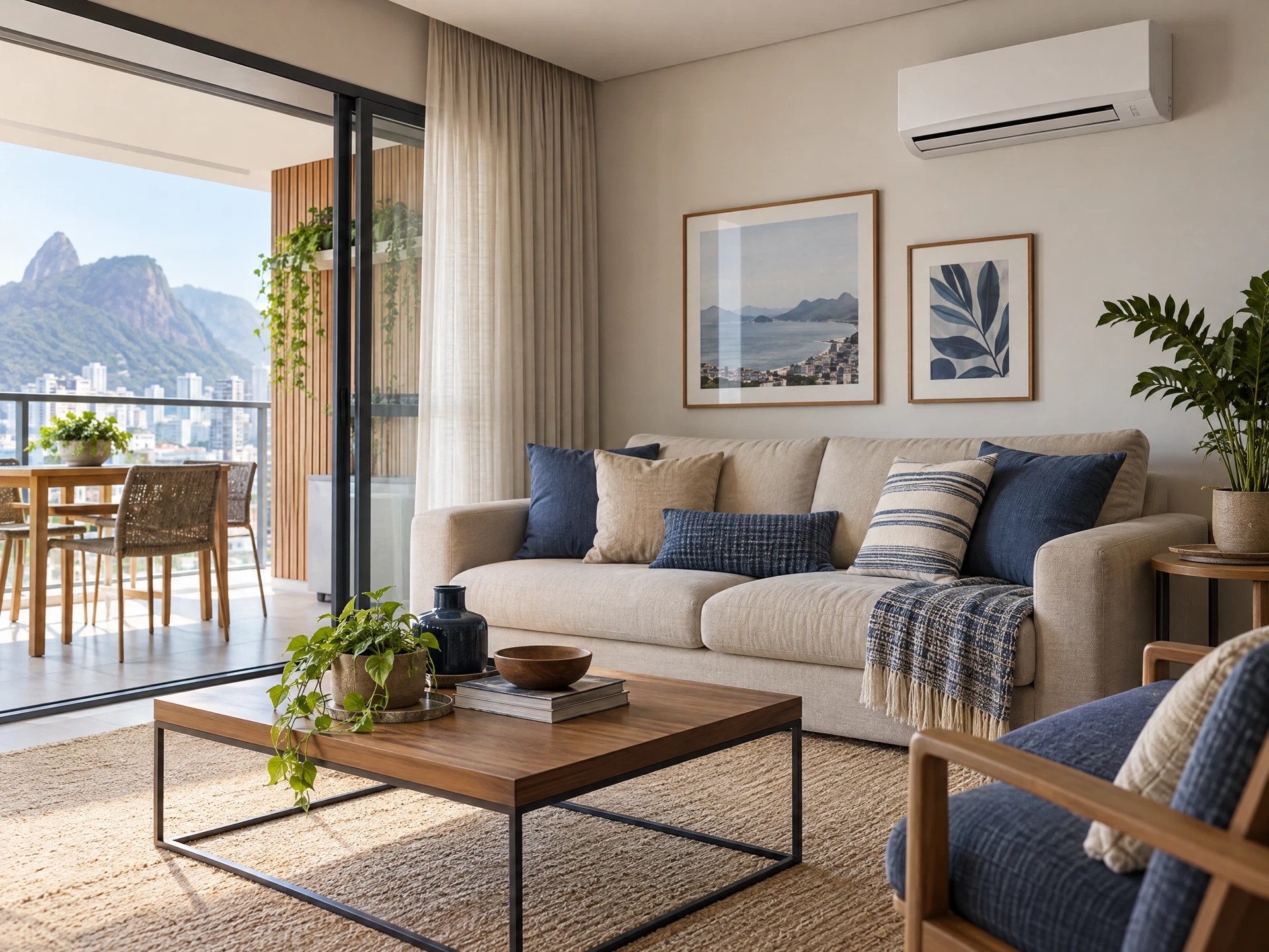 Imagem ilustrativa gerada por IA de uma sala residencial com ar-condicionado de parede, sem pessoas.